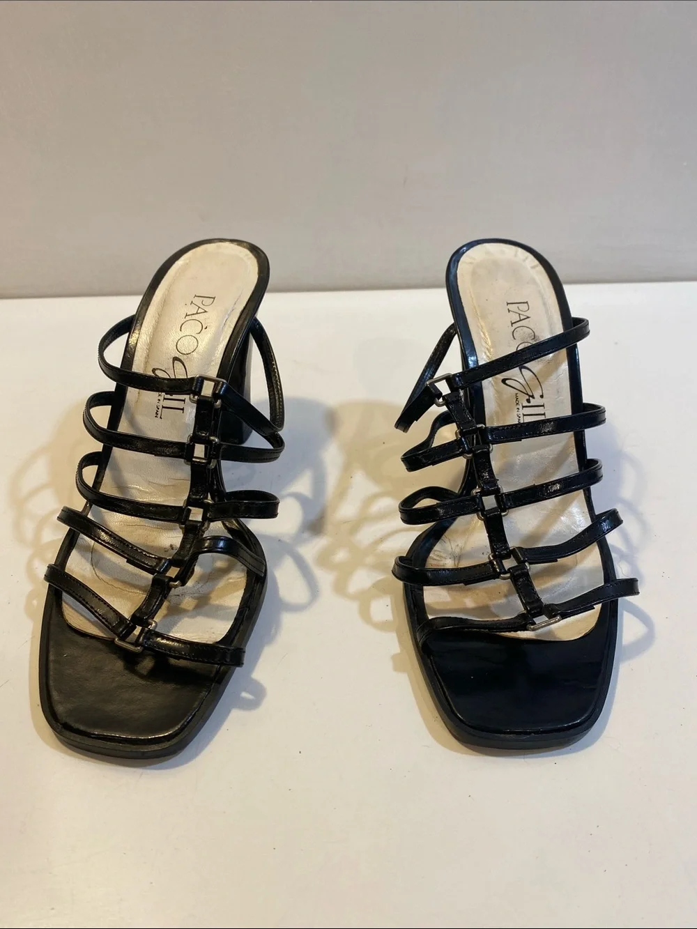 Paco Gil Made In Spain Black Strappy Block Heel Leather  Sandals 7.5 B